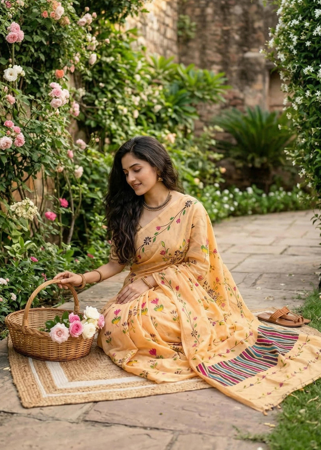 Mustard Pure Soft Mulmul Cotton Floral Print Cotton Saree 