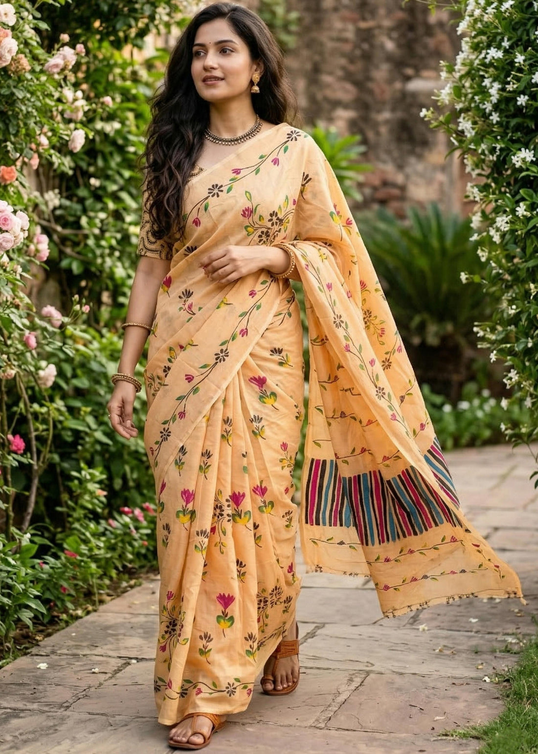 Mustard Pure Soft Mulmul Cotton Floral Print Cotton Saree 