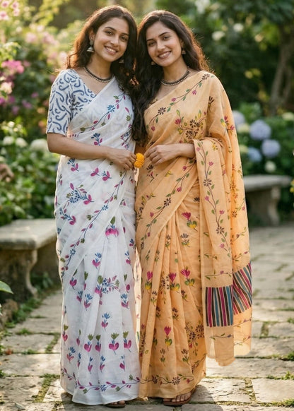Mustard Pure Soft Mulmul Cotton Floral Print Cotton Saree 