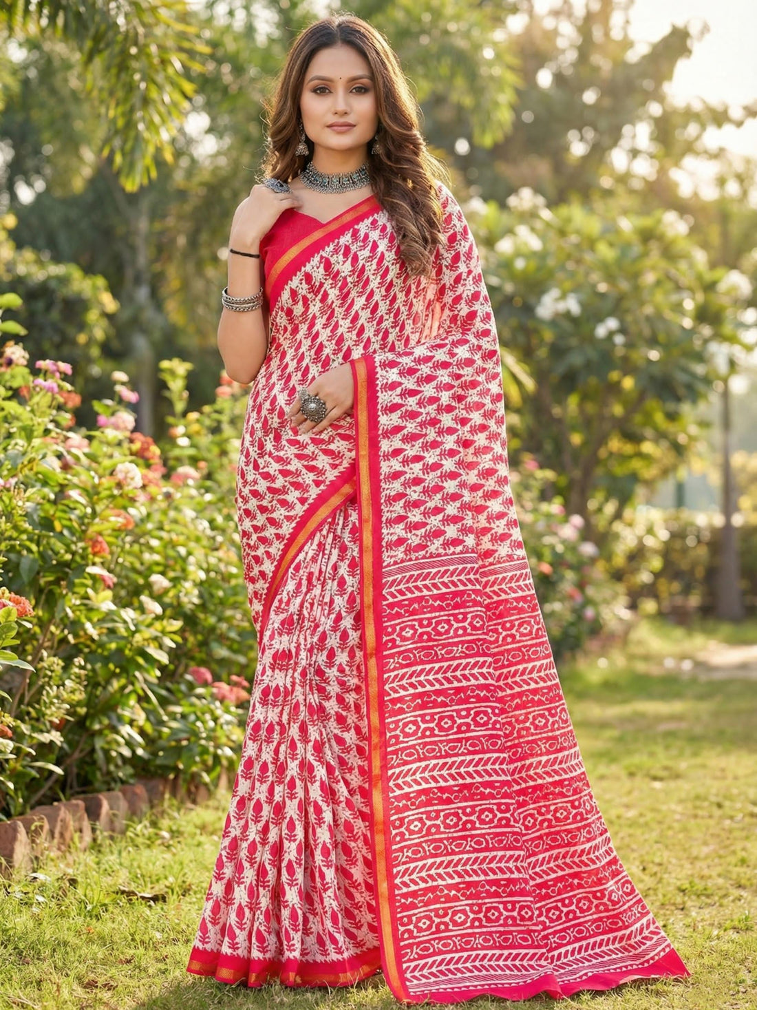 Red Pure Soft Mulmul Cotton Bagru Block Print Cotton Saree 
