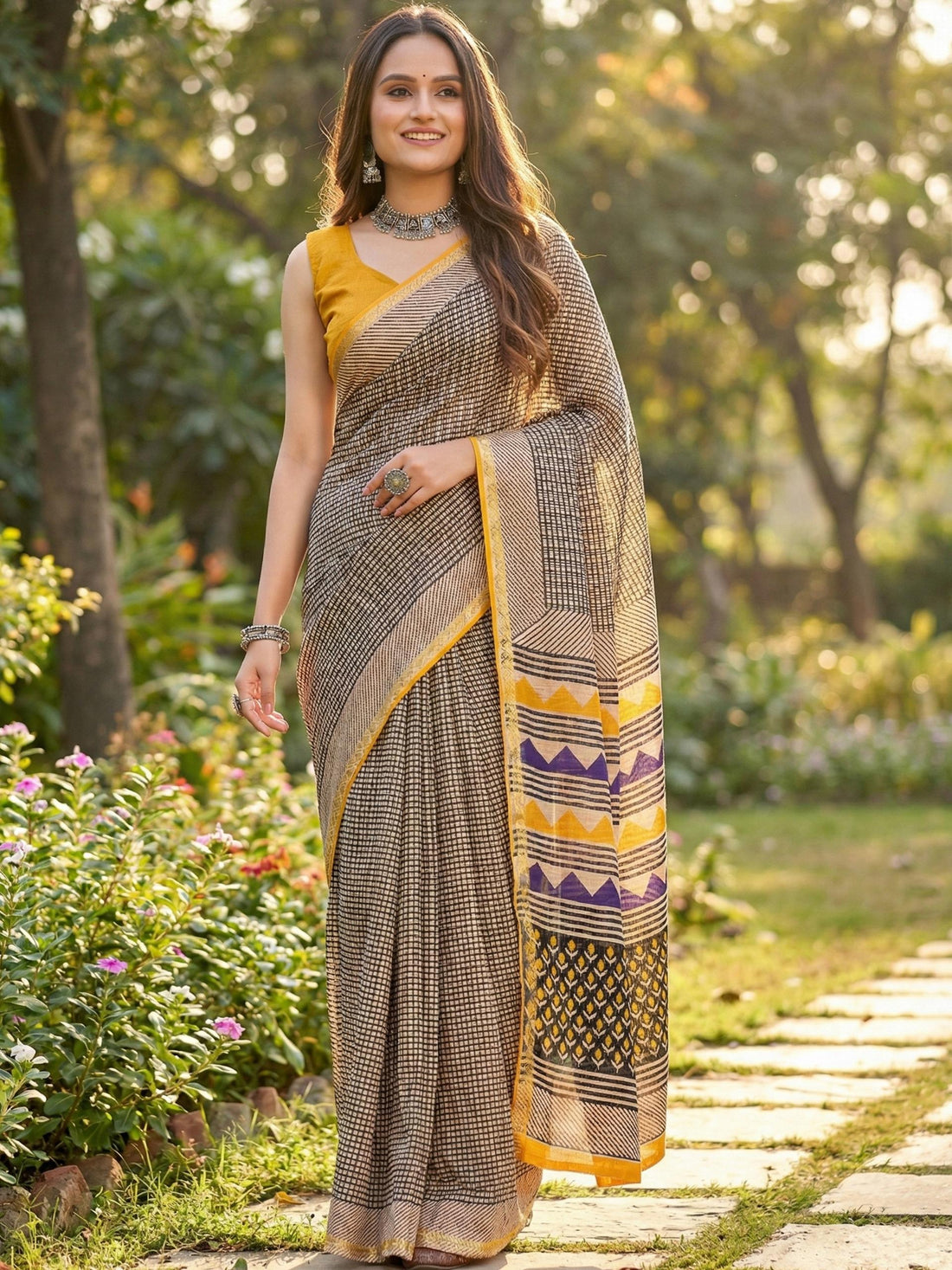 Yellow Pure Soft Mulmul Cotton Bagru Block Print Cotton Saree 