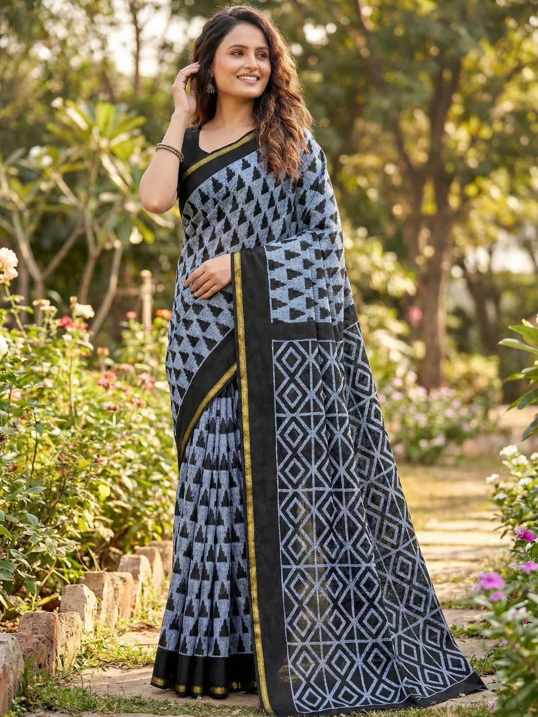 Blue Pure Soft Mulmul Cotton Bagru Block Print Cotton Saree 