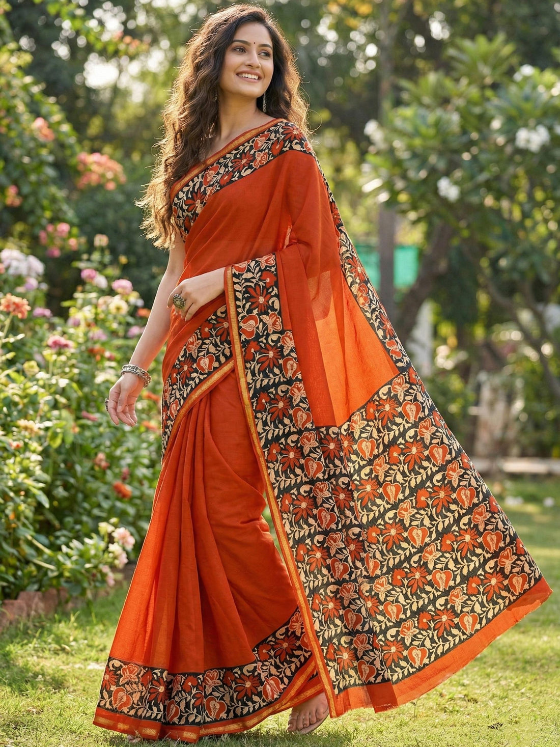 Orange Pure Soft Mulmul Cotton Bagru Block Print Cotton Saree 