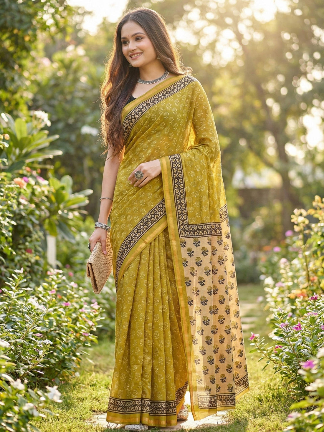 Yellow Pure Soft Mulmul Cotton Bagru Block Print Cotton Saree 