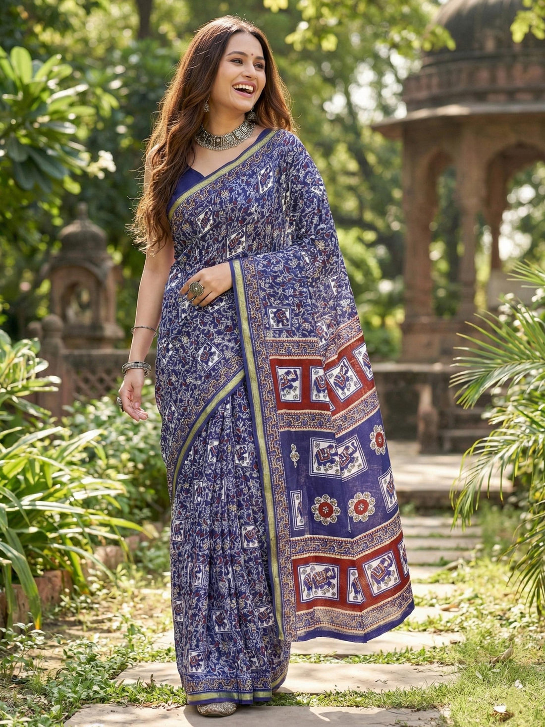 Blue Pure Soft Mulmul Cotton Bagru Block Print Cotton Saree 
