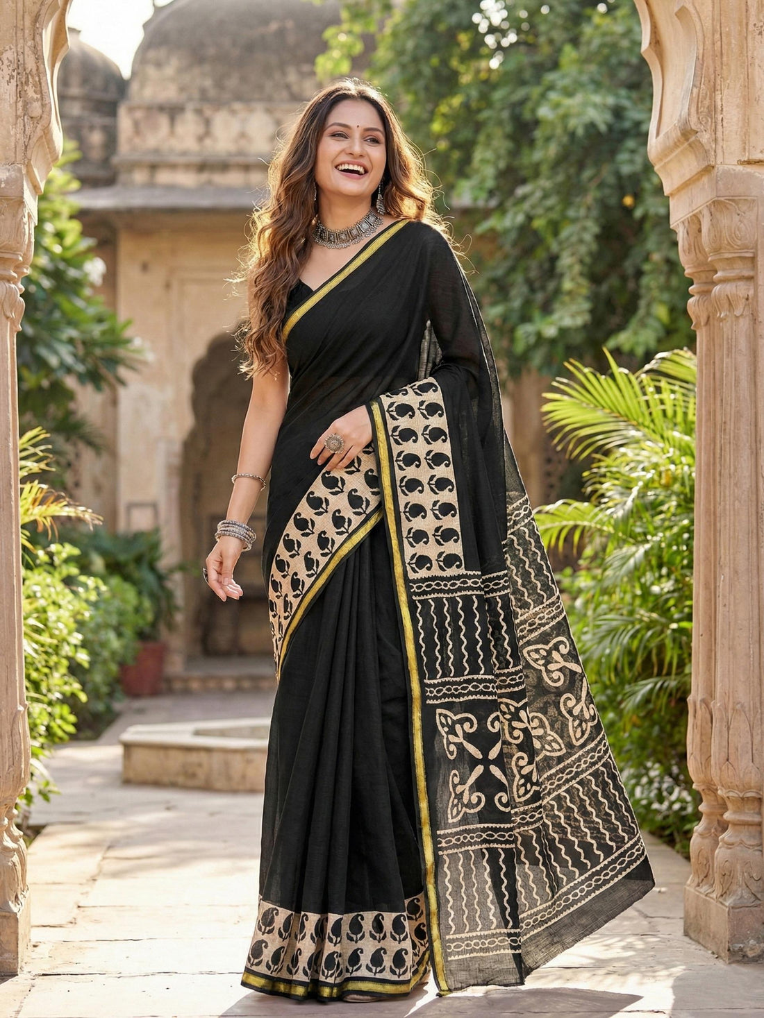 Black Pure Soft Mulmul Cotton Bagru Block Print Cotton Saree 
