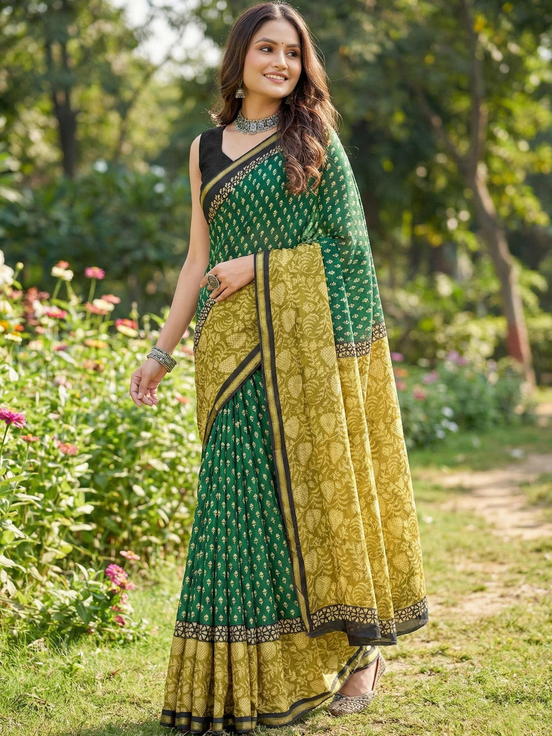 Green Pure Soft Mulmul Cotton Bagru Block Print Cotton Saree 