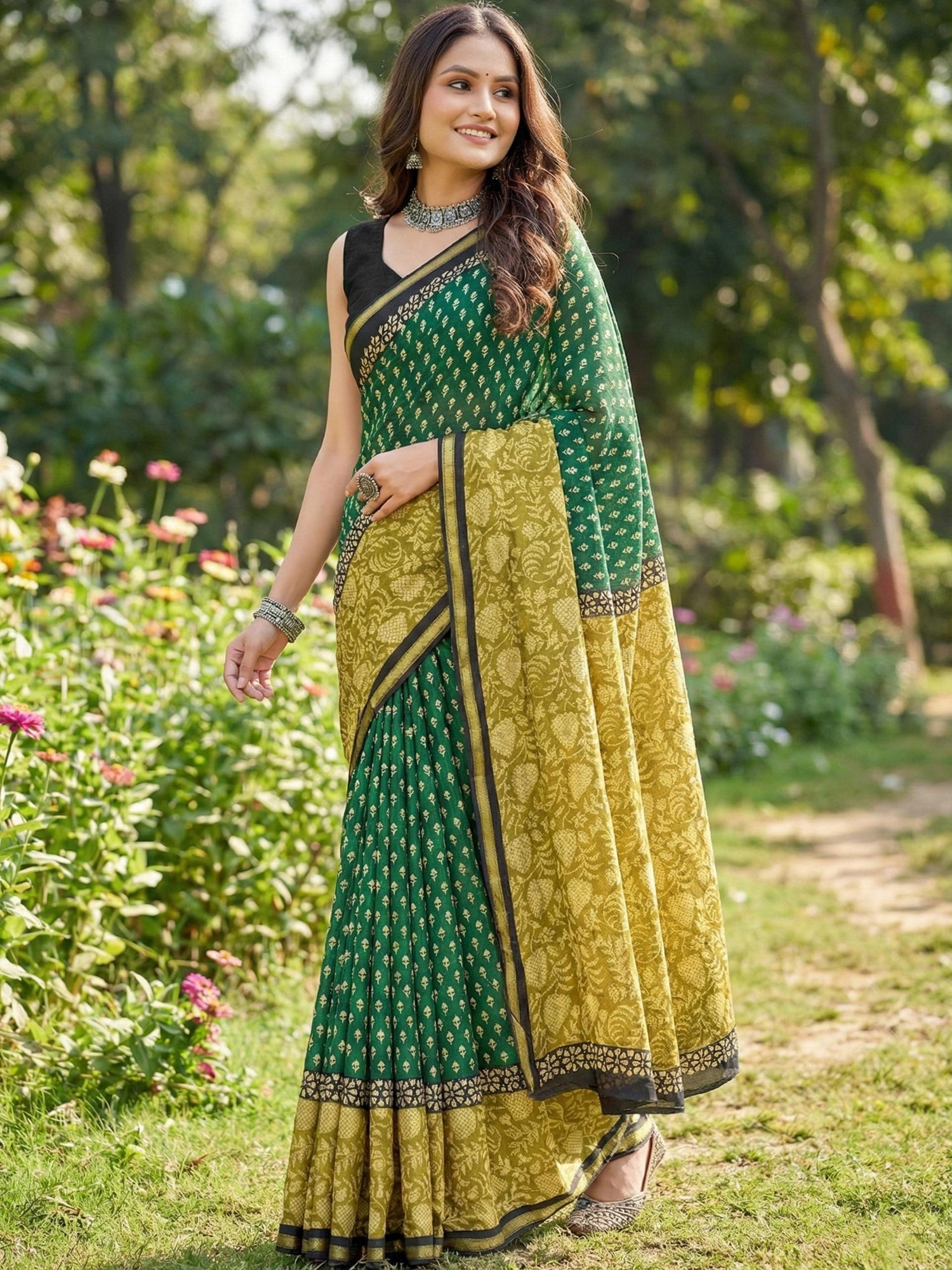 Green Pure Soft Mulmul Cotton Bagru Block Print Cotton Saree 
