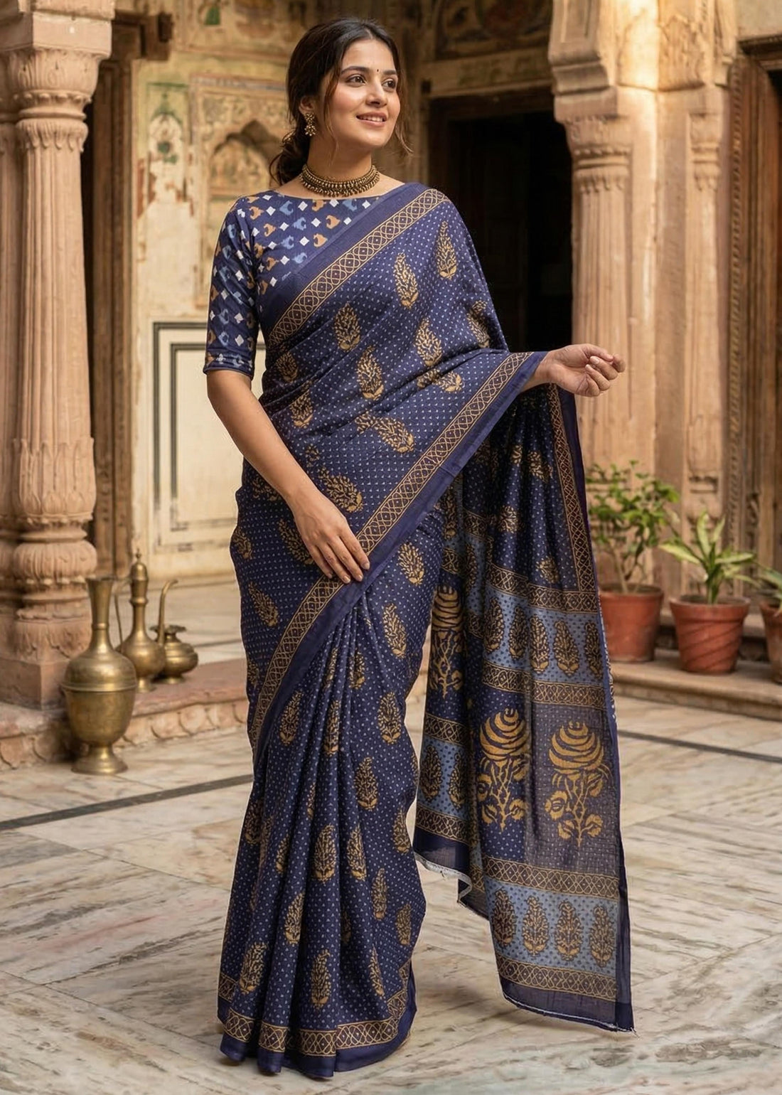 Blue Pure Soft Mulmul Cotton Bagru Block Print Cotton Saree 
