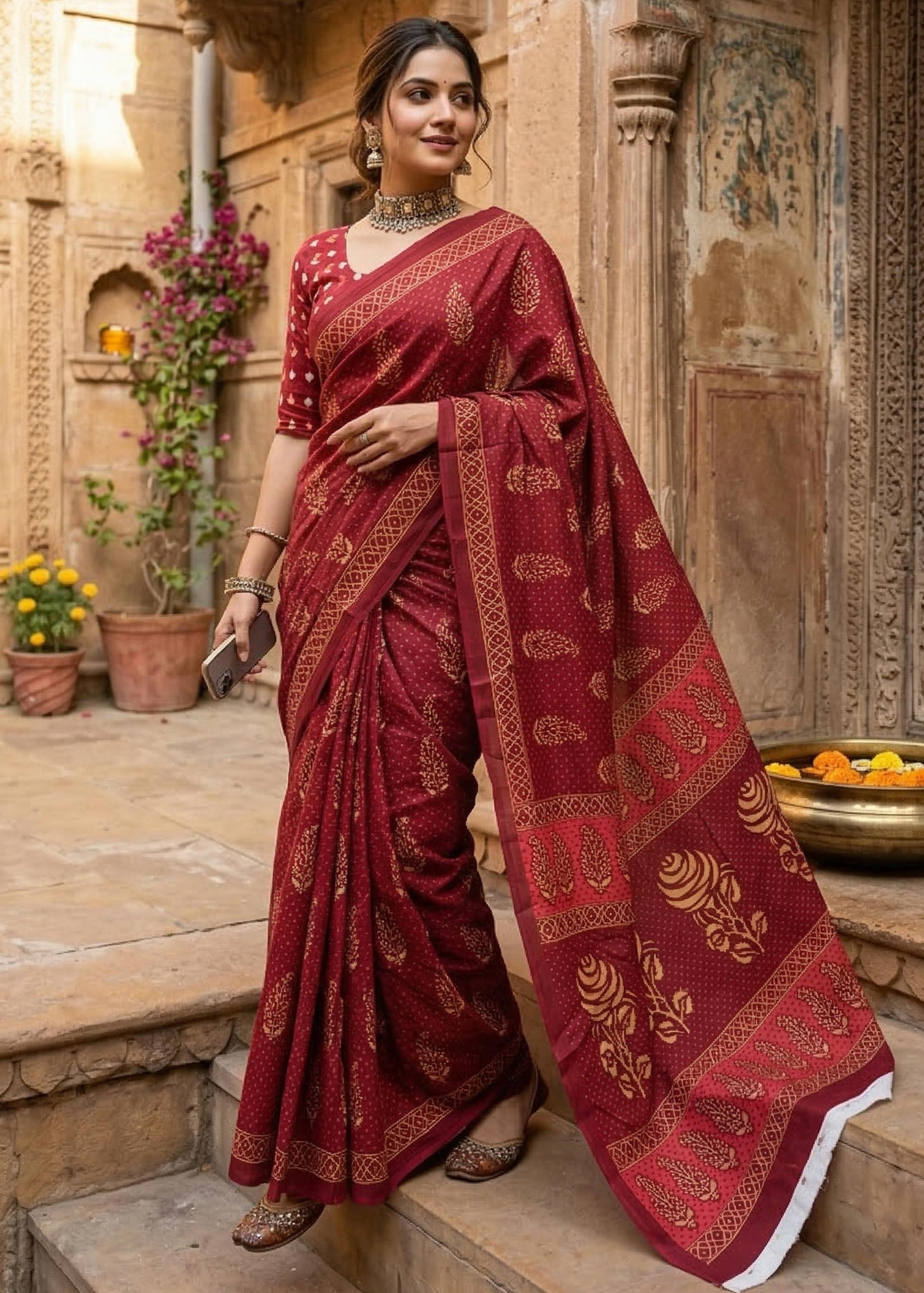 Red Pure Soft Mulmul Cotton Bagru Block Print Cotton Saree ##color## Cotton Saree with premium fabric and embroidery