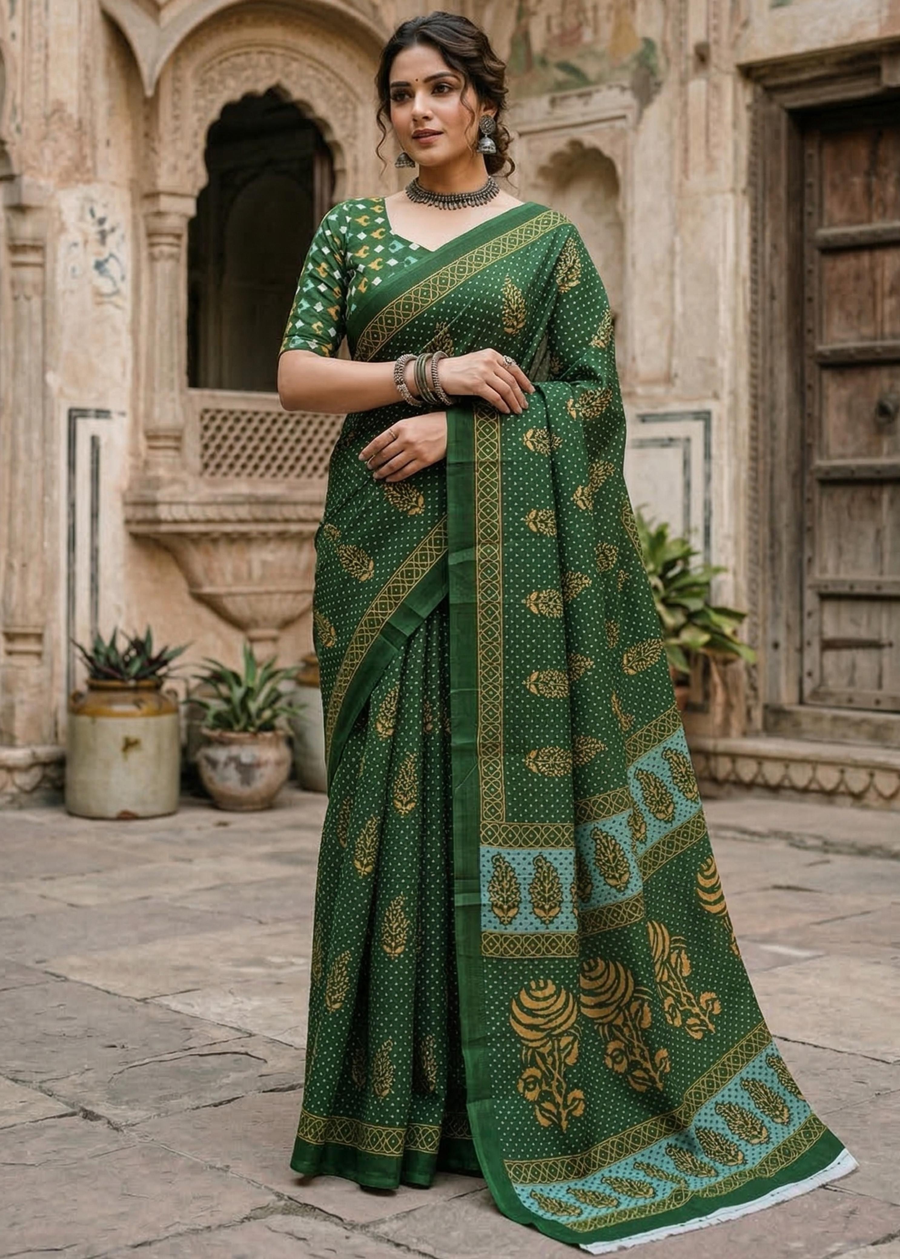 Green Pure Soft Mulmul Cotton Bagru Block Print Cotton Saree ##color## Cotton Saree with premium fabric and embroidery
