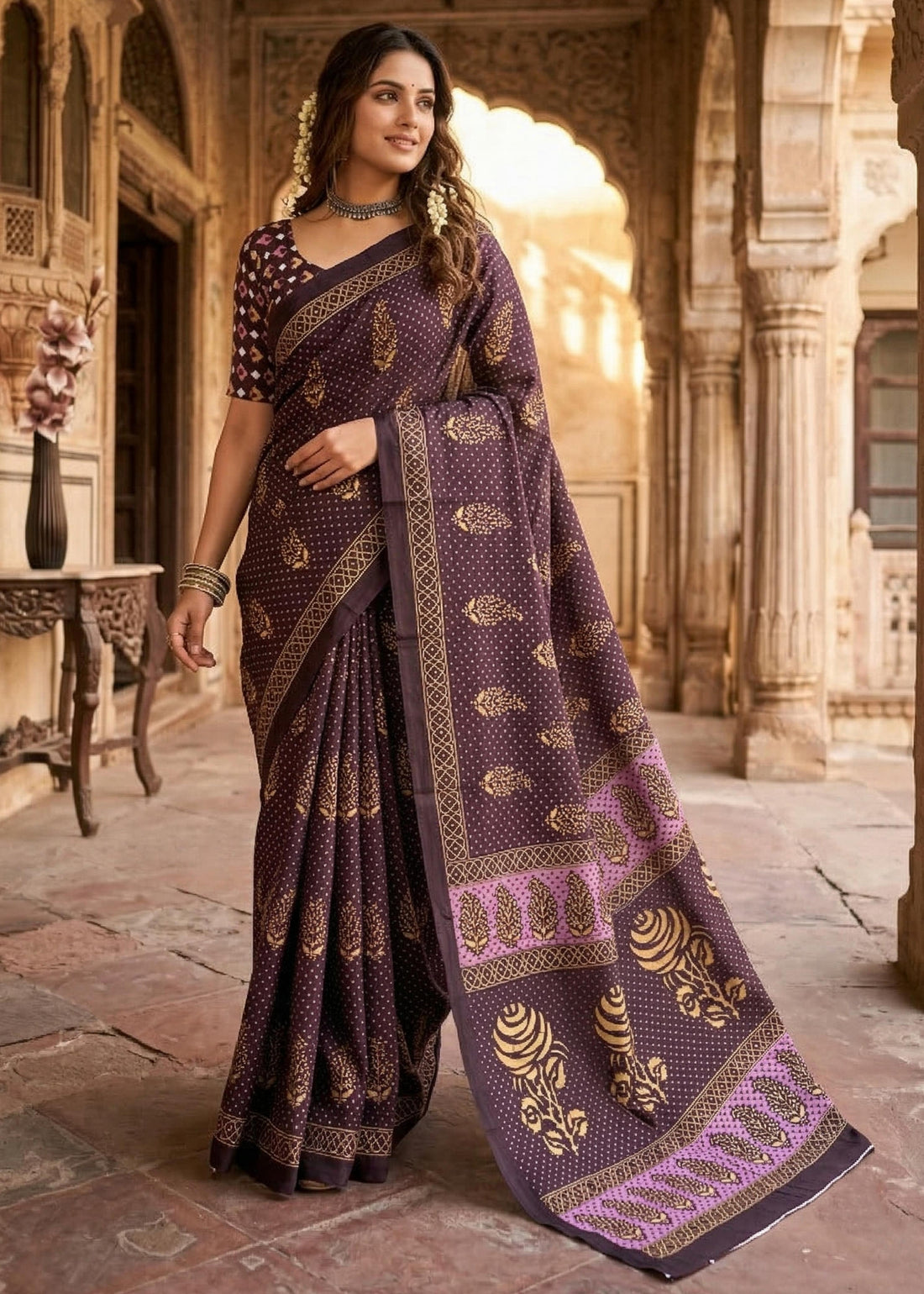 Wine Pure Soft Mulmul Cotton Bagru Block Print Cotton Saree 