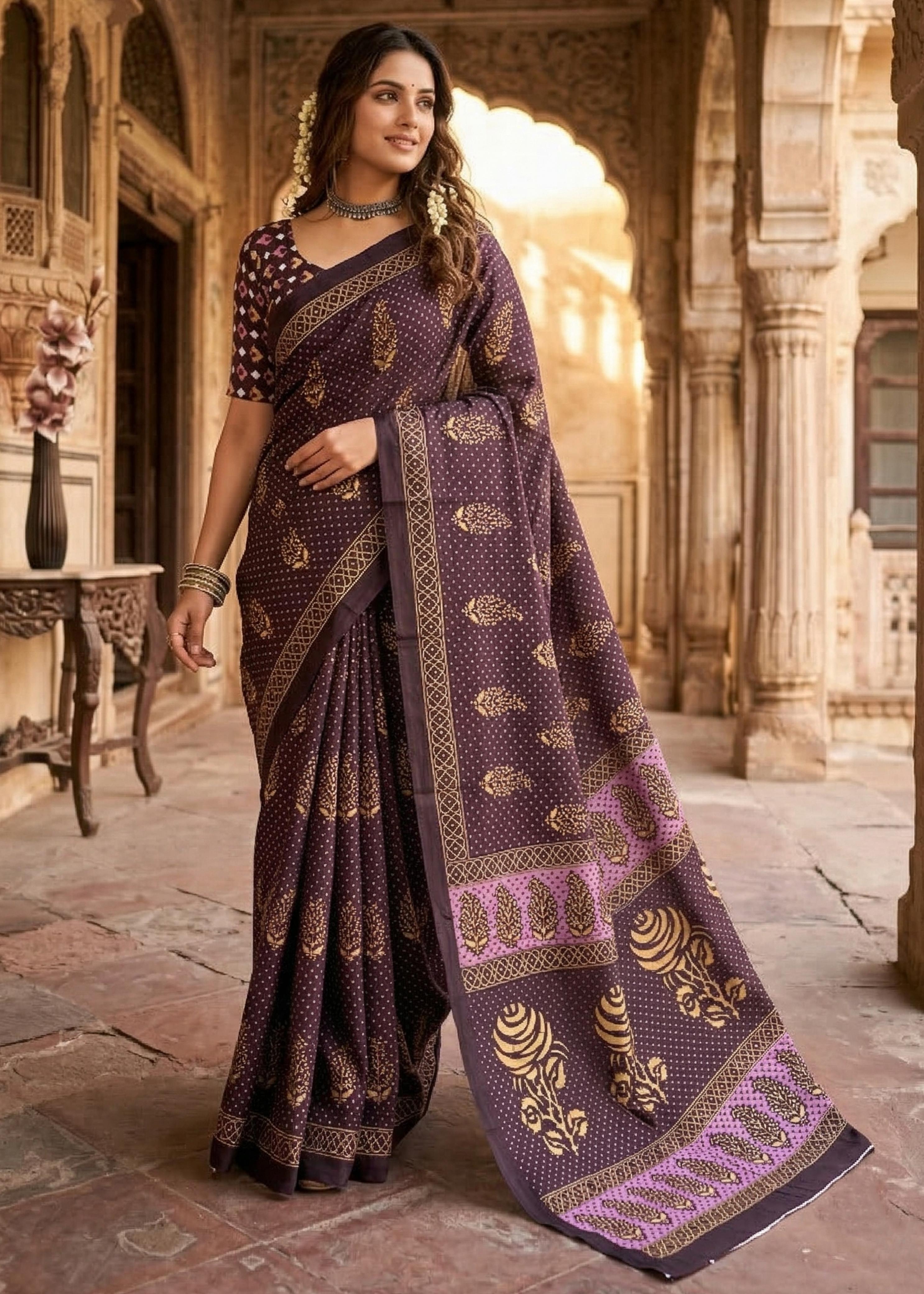 Wine Pure Soft Mulmul Cotton Bagru Block Print Cotton Saree 