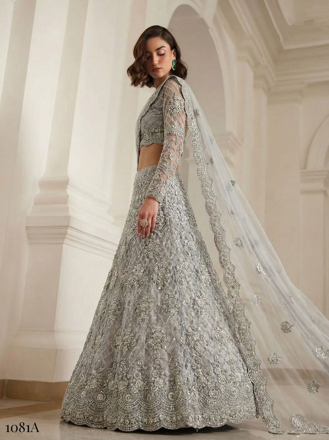 Grey Pure Soft Heavy Net Sequins Embroidery Work Bridal Lehenga Choli 