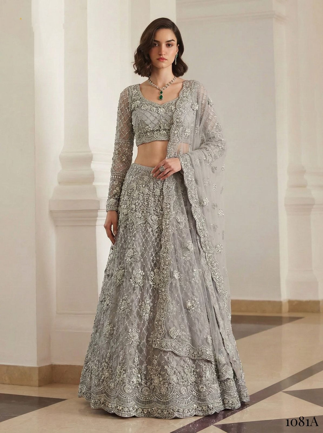 Grey Pure Soft Heavy Net Sequins Embroidery Work Bridal Lehenga Choli 