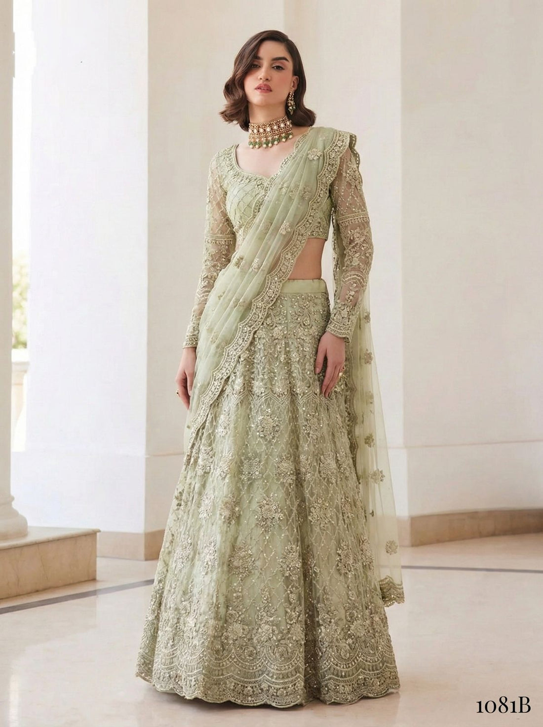 Mint Green Pure Soft Heavy Net Sequins Embroidery Work Bridal Lehenga Choli 