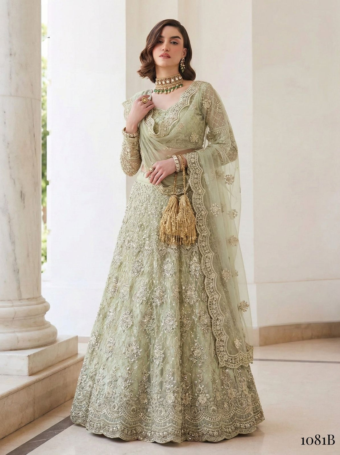 Mint Green Pure Soft Heavy Net Sequins Embroidery Work Bridal Lehenga Choli 