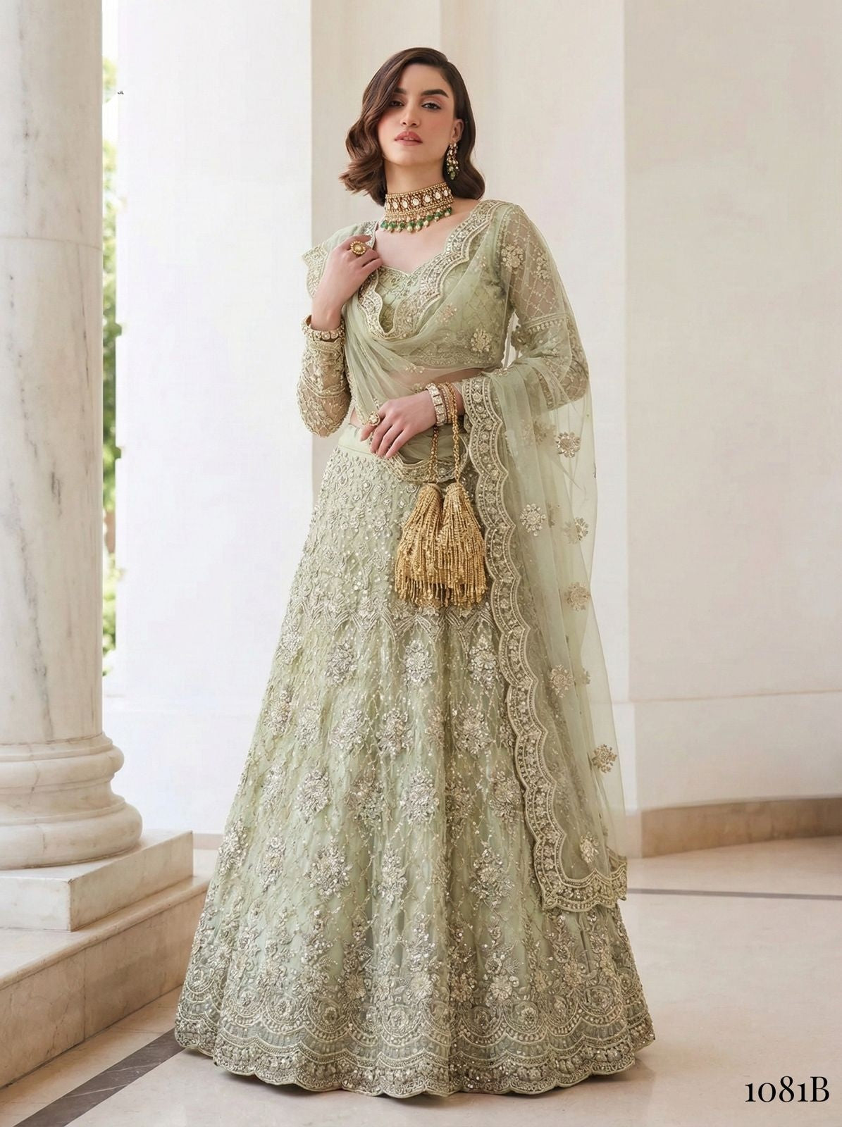 Mint Green Pure Soft Heavy Net Sequins Embroidery Work Bridal Lehenga Choli 