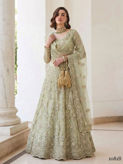 Mint Green Pure Soft Heavy Net Sequins Embroidery Work Bridal Lehenga Choli 