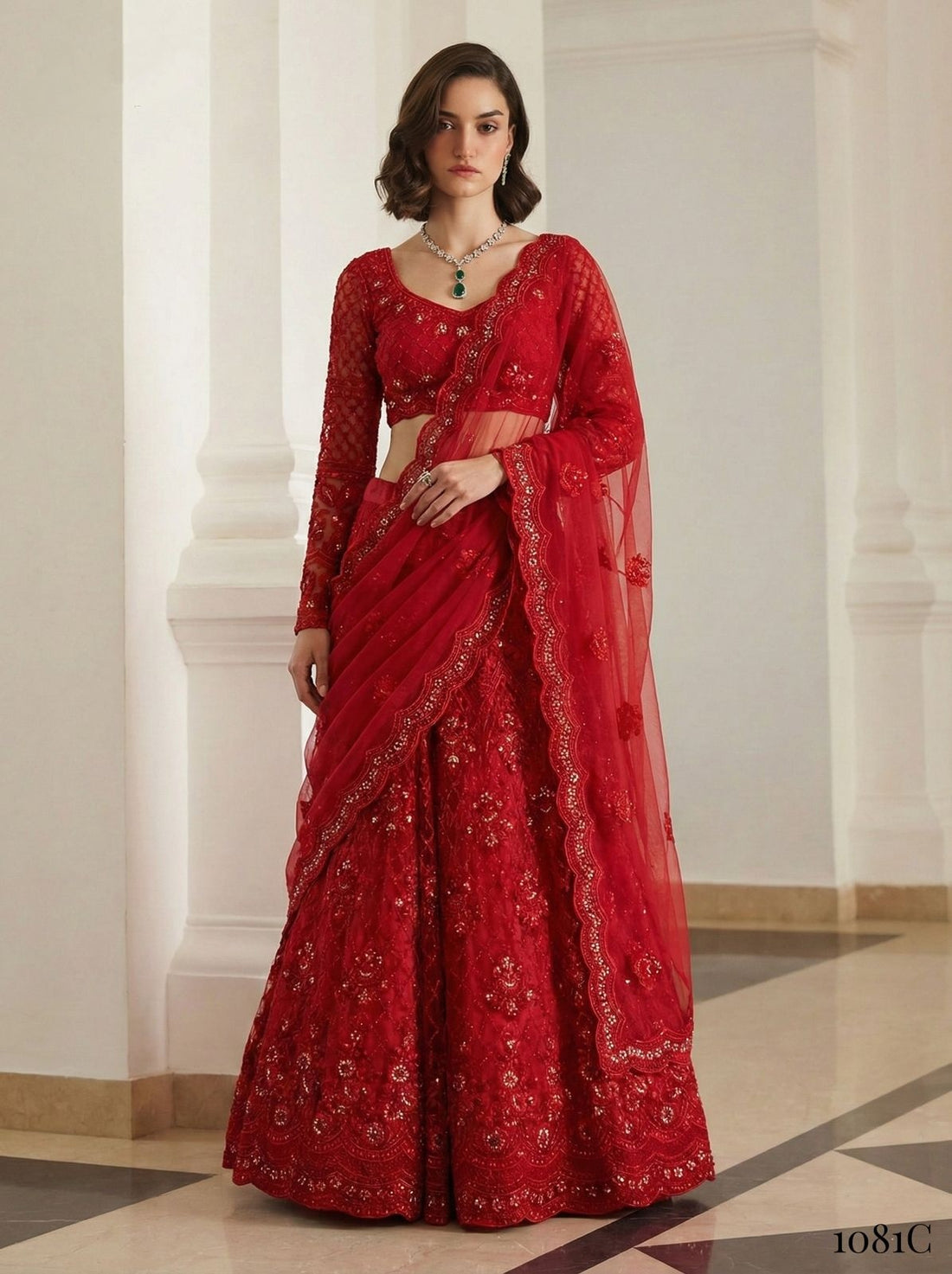 Red Pure Soft Heavy Net Sequins Embroidery Work Bridal Lehenga Choli 