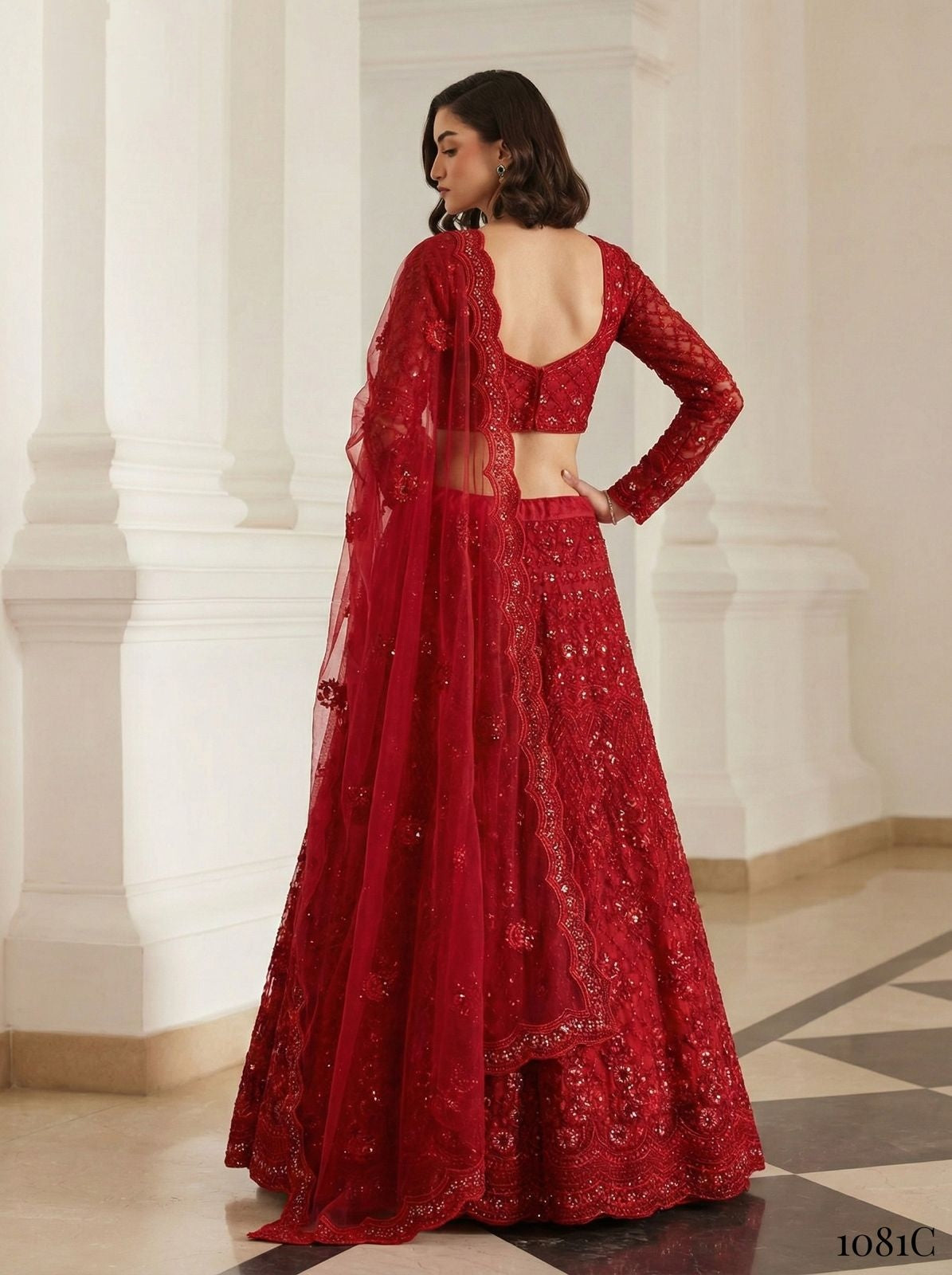 Red Pure Soft Heavy Net Sequins Embroidery Work Bridal Lehenga Choli 