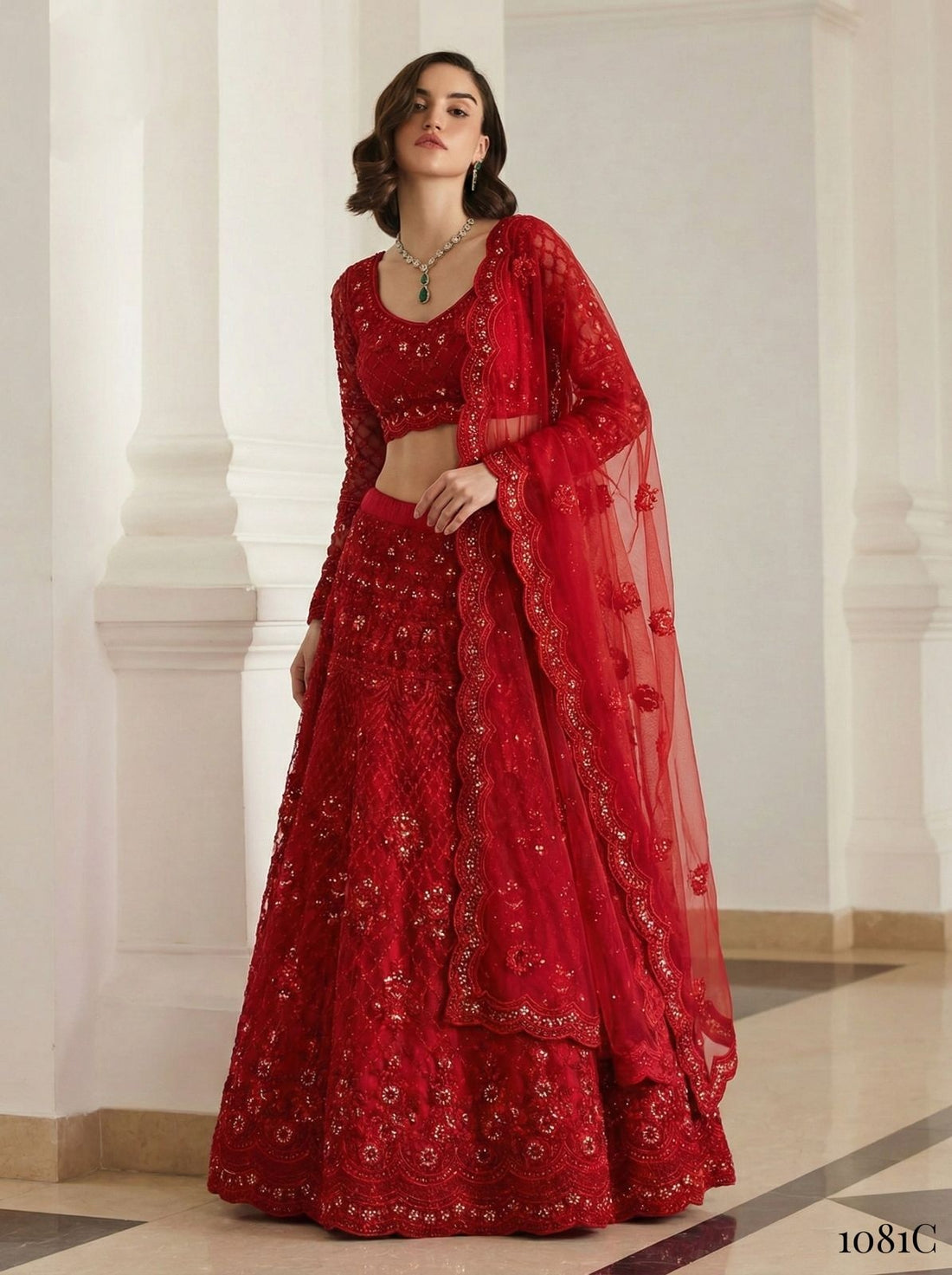 Red Pure Soft Heavy Net Sequins Embroidery Work Bridal Lehenga Choli 