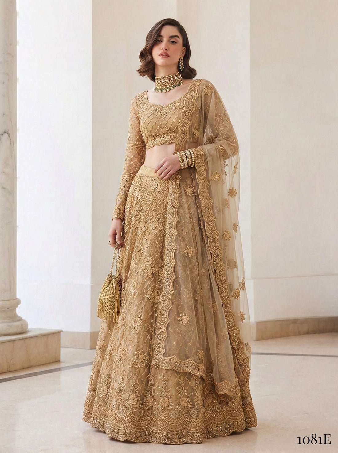 Golden Pure Soft Heavy Net Sequins Embroidery Work Bridal Lehenga Choli 
