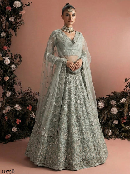 Grey Pure Soft Heavy Net Sequins Embroidery Work Bridal Lehenga Choli 