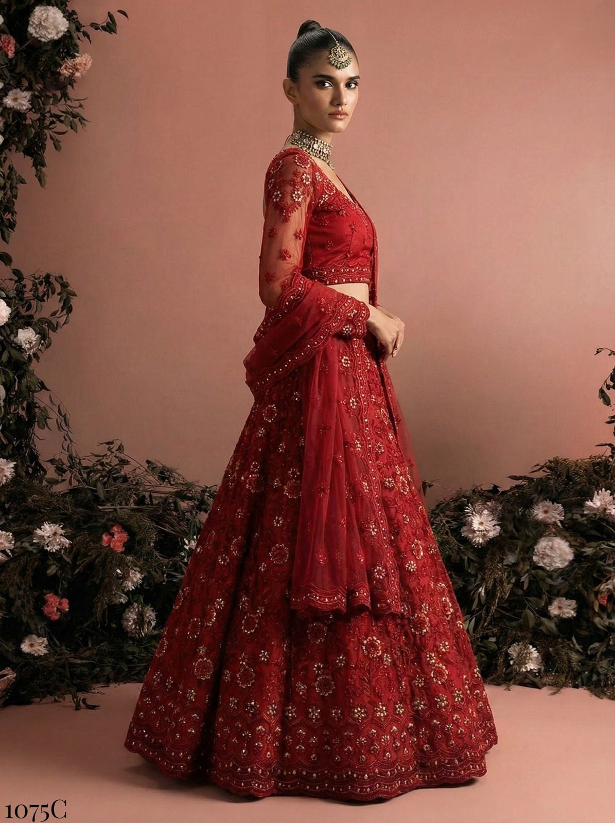 Red Pure Soft Heavy Net Sequins Embroidery Work Bridal Lehenga Choli 