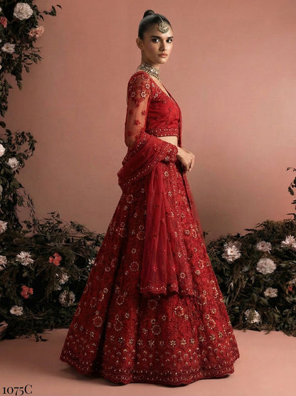 Red Pure Soft Heavy Net Sequins Embroidery Work Bridal Lehenga Choli 