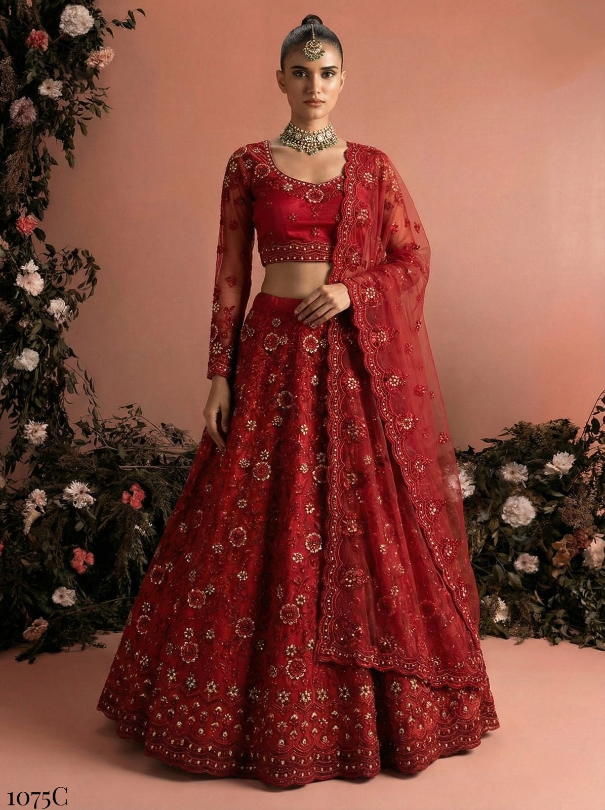 Red Pure Soft Heavy Net Sequins Embroidery Work Bridal Lehenga Choli 