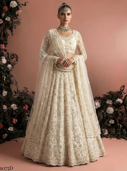 White Pure Soft Heavy Net Sequins Embroidery Work Bridal Lehenga Choli 