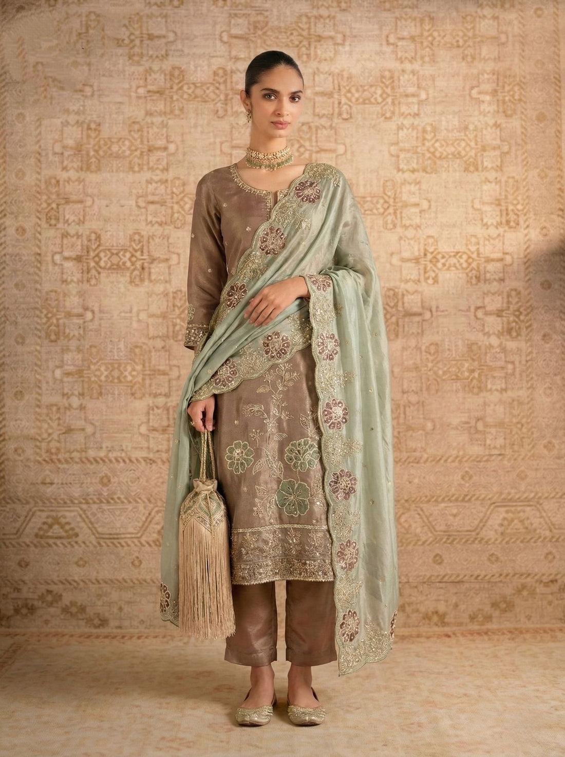 Brown Pure Soft Shimmer Silk Chudidar Suit 
