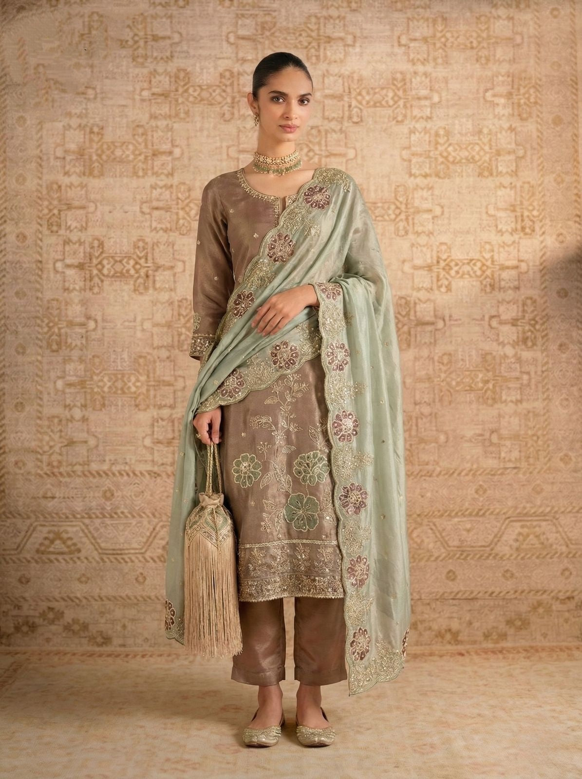 Brown Pure Soft Shimmer Silk Chudidar Suit