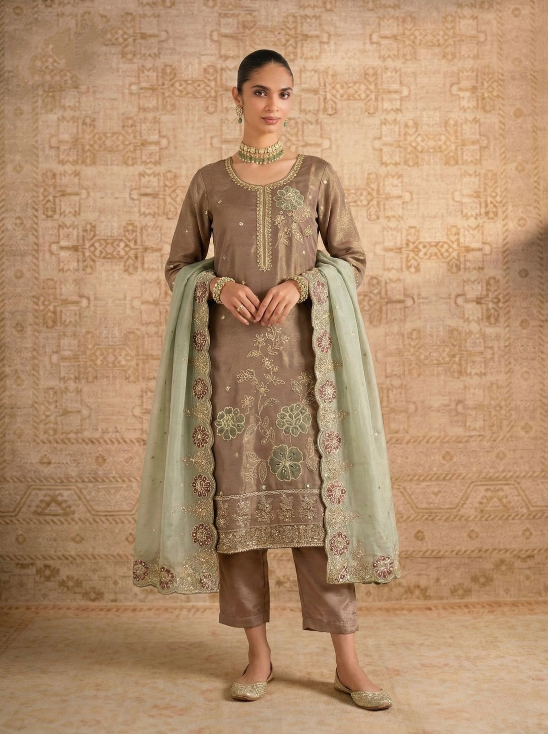Brown Pure Soft Shimmer Silk Chudidar Suit 