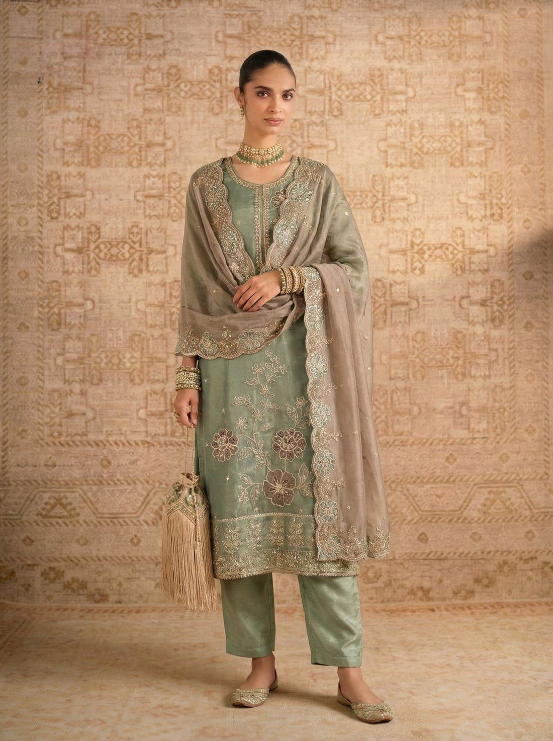 Mint Green Pure Soft Shimmer Silk Chudidar Suit 