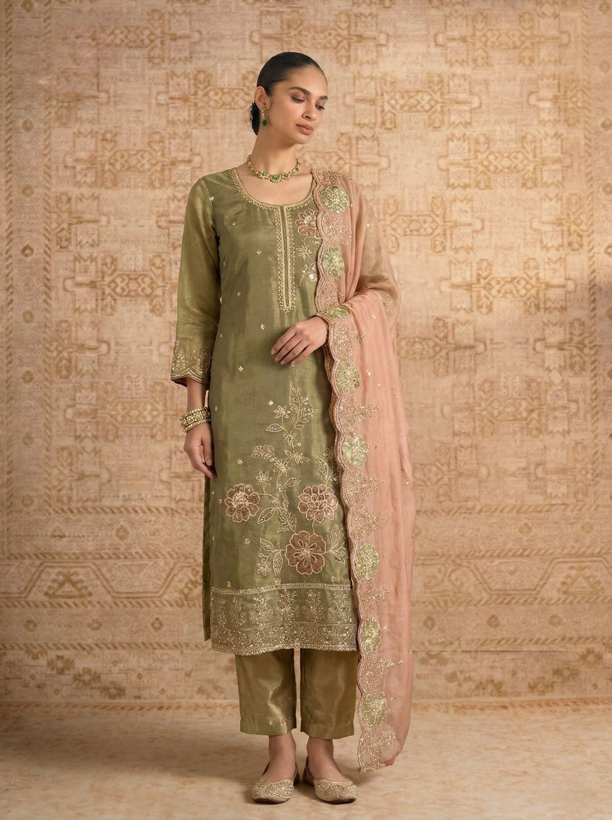 Mehandi Pure Soft Shimmer Silk Chudidar Suit