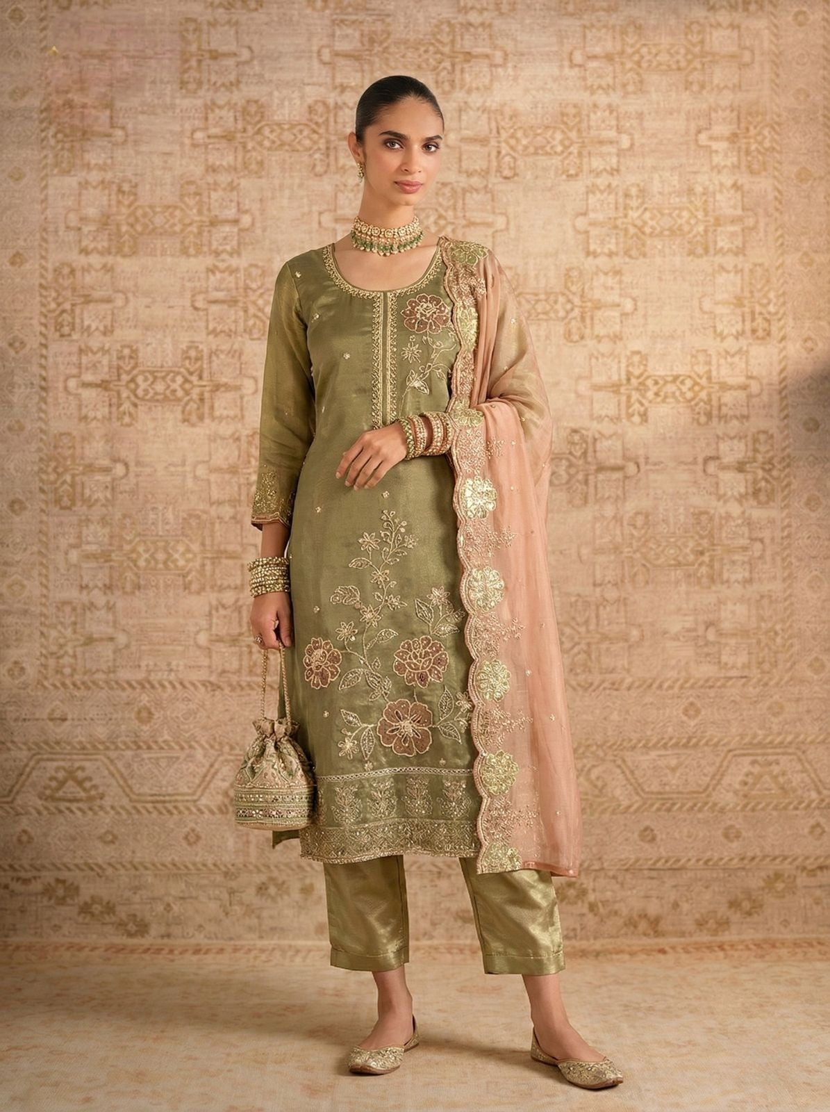 Mehandi Pure Soft Shimmer Silk Chudidar Suit
