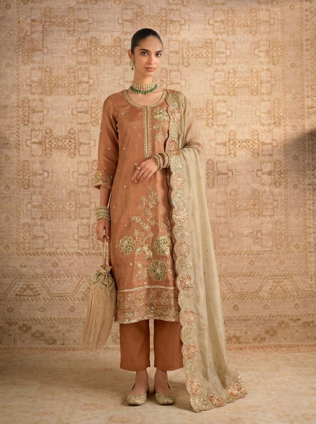 Orange Pure Soft Shimmer Silk Chudidar Suit 