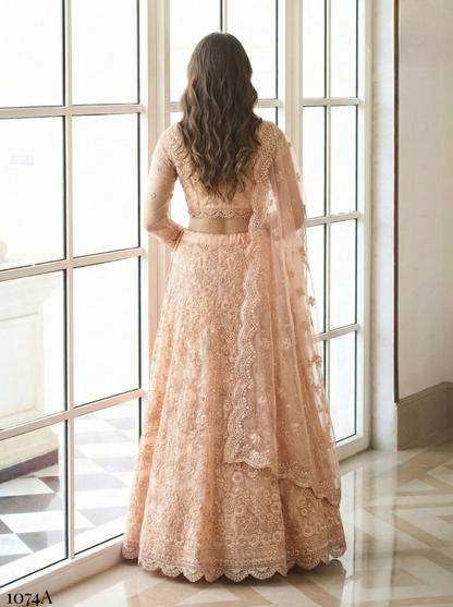 Copper Gold Pure Soft Heavy Butterfly Net Thread Embroidery Work Bridal Lehenga Choli 