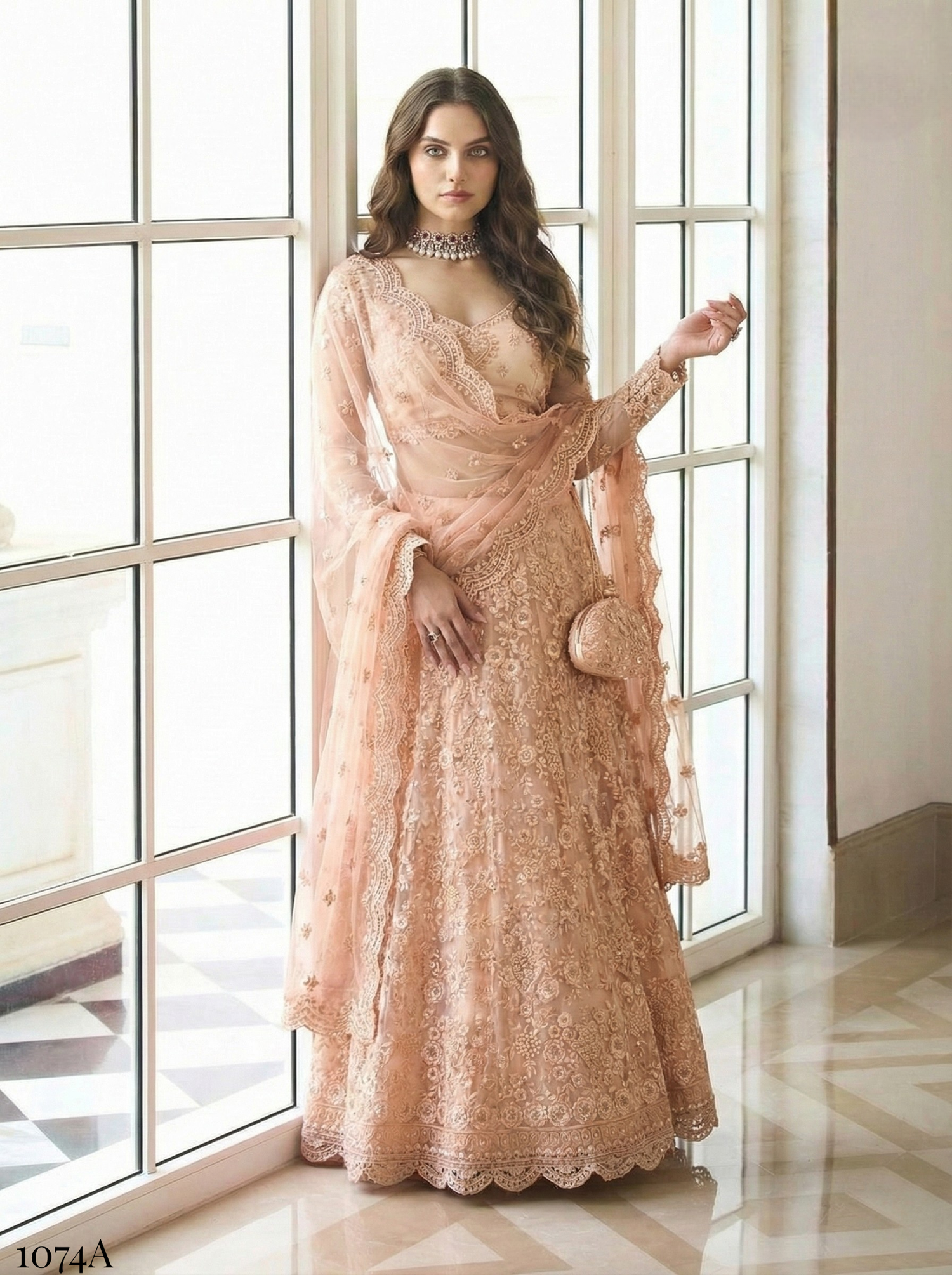 Copper Gold Pure Soft Heavy Butterfly Net Thread Embroidery Work Bridal Lehenga Choli 