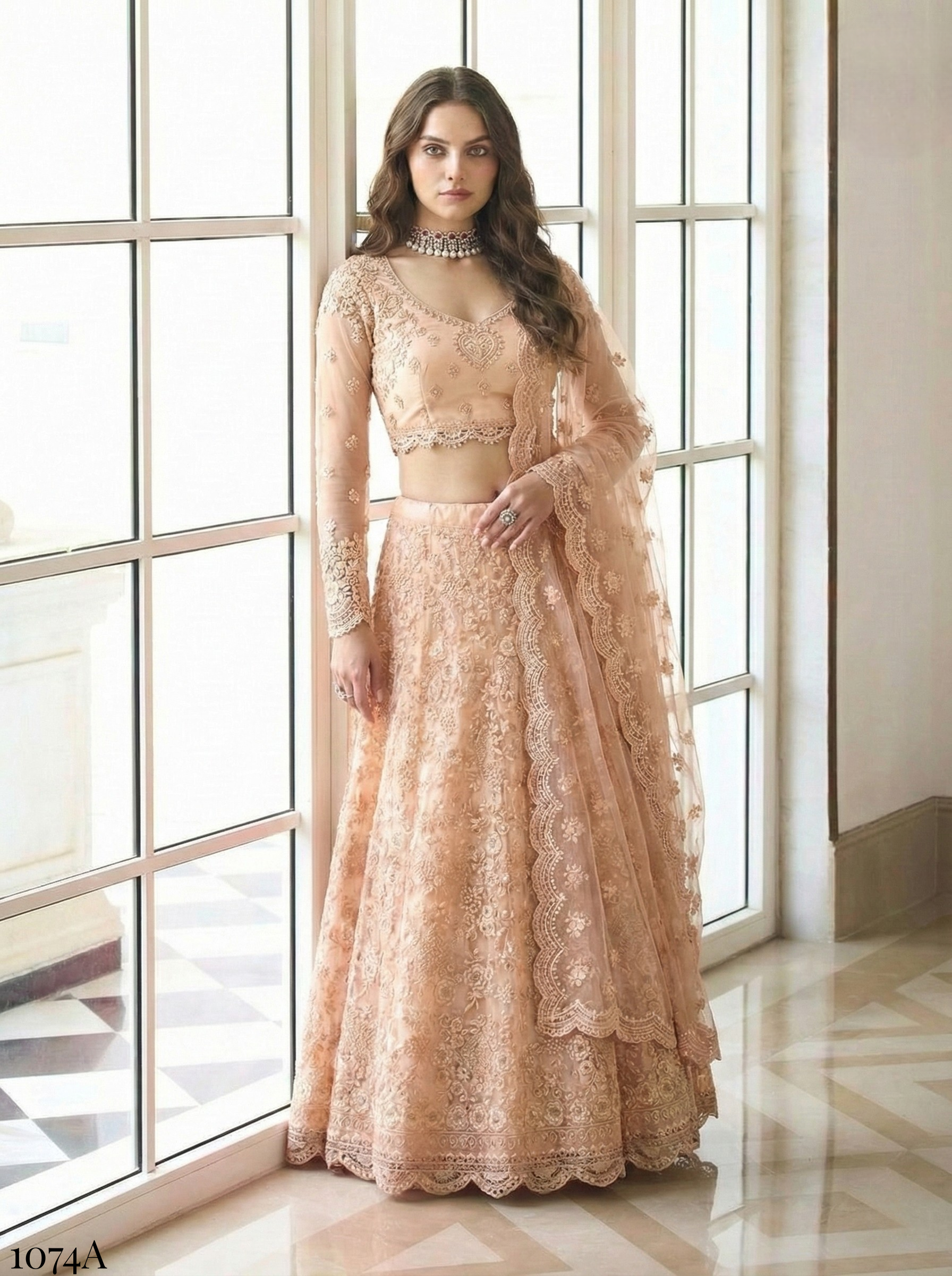 Copper Gold Pure Soft Heavy Butterfly Net Thread Embroidery Work Bridal Lehenga Choli 