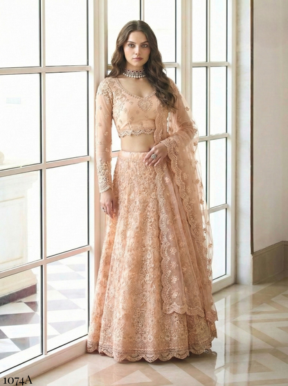 Copper Gold Pure Soft Heavy Butterfly Net Thread Embroidery Work Bridal Lehenga Choli 