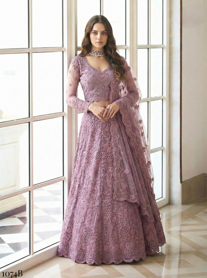 Purple Pure Soft Heavy Butterfly Net Thread Embroidery Work Bridal Lehenga Choli 