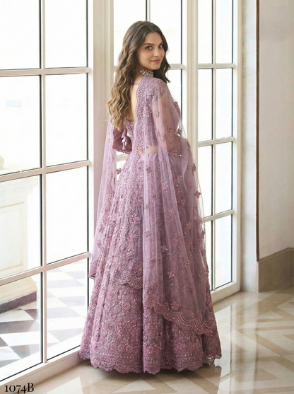 Purple Pure Soft Heavy Butterfly Net Thread Embroidery Work Bridal Lehenga Choli 