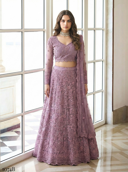 Purple Pure Soft Heavy Butterfly Net Thread Embroidery Work Bridal Lehenga Choli 