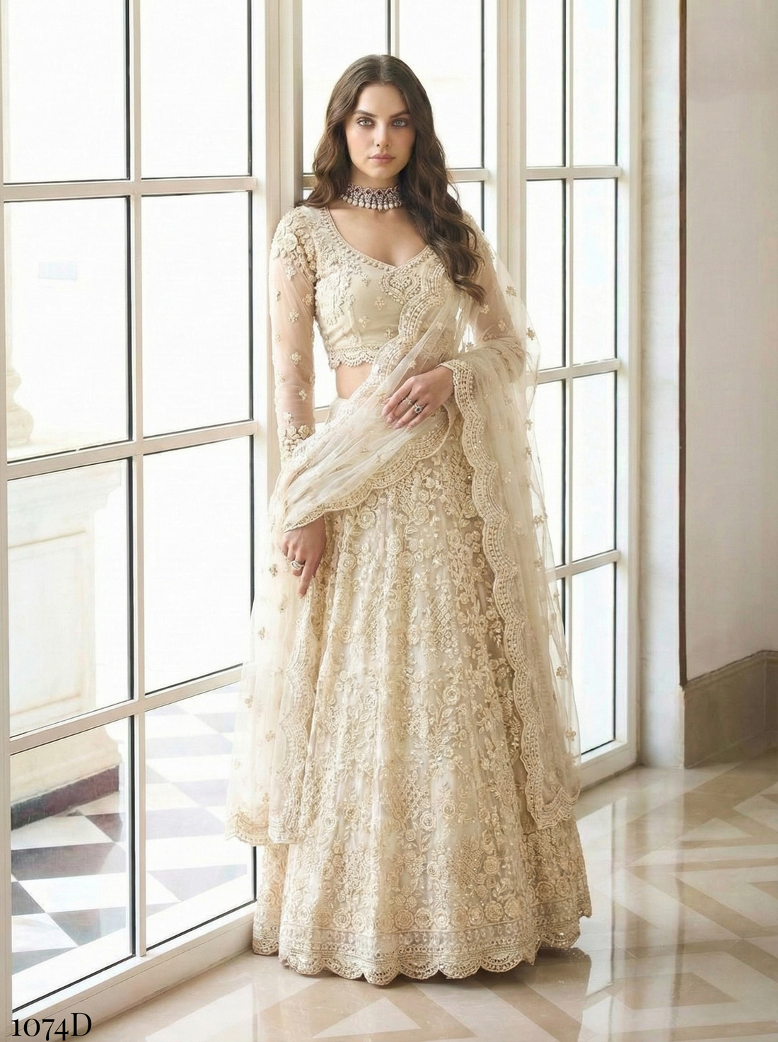 White Pure Soft Heavy Butterfly Net Thread Embroidery Work Bridal Lehenga Choli 