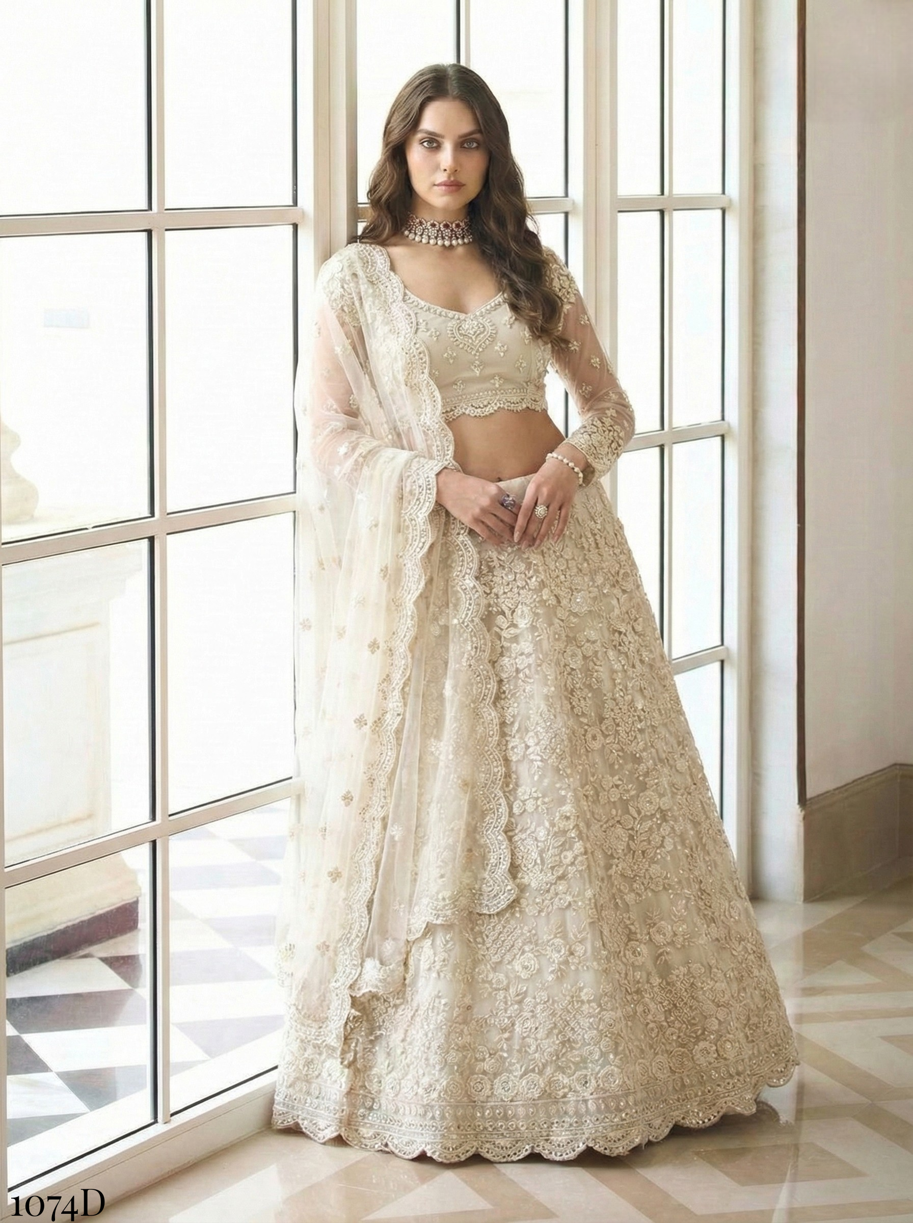 White Pure Soft Heavy Butterfly Net Thread Embroidery Work Bridal Lehenga Choli 