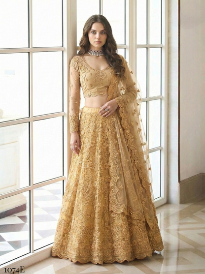 Yellow Pure Soft Heavy Butterfly Net Thread Embroidery Work Bridal Lehenga Choli 