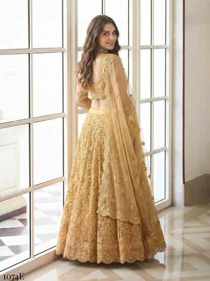 Yellow Pure Soft Heavy Butterfly Net Thread Embroidery Work Bridal Lehenga Choli 